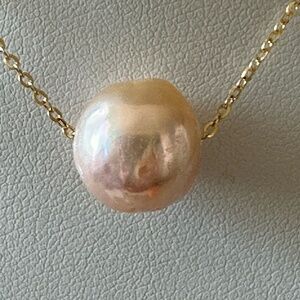 HUGE 13mm REAL Peach Pearl Floating 14K Yellow Gold 925 Silver-18" (Adjust.)